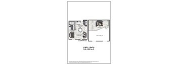 A floor plan for a 1 bedroom 1 bathroom apartment.