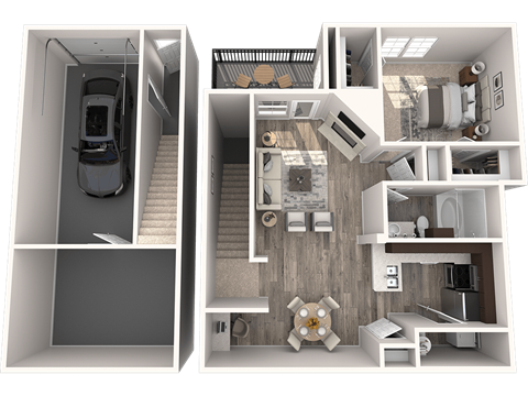 a 3d rendering of a floor plan with a bedroom and a bathroom