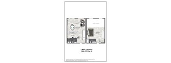 A floor plan of a 1 bedroom, 1.5 bath apartment.