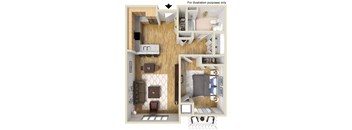 an overhead view of a furnished apartment with a bedroom and living room