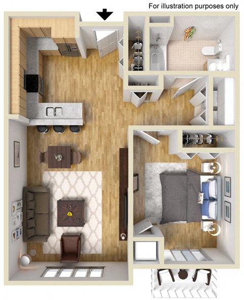 an overhead view of a furnished apartment with a bedroom and living room