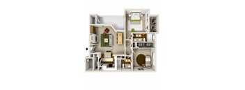 A 3D floor plan of a house with a kitchen, living room, and bedrooms.
