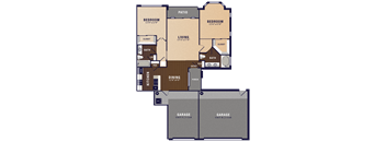 A floor plan of a two-bedroom apartment with a living room, dining area, kitchen, two garages, and a patio.