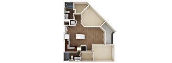 A 3D rendered image of a house layout.