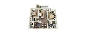 A top-down view of a two-story house with a living room, dining room, kitchen, and bedrooms.
