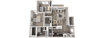 a 3d floor plan of a bedroom with a bathroom and a living room