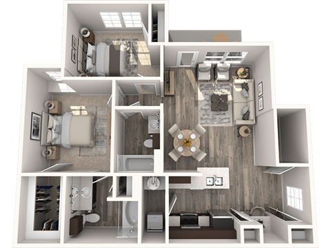 a 3d floor plan of a bedroom with a bathroom and a living room