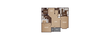 A brown floor plan of a house with a kitchen, living room, two bedrooms, a bathroom, a dining room, and a patio.
