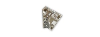 A 3D image of a house layout with a kitchen, living room, and bathroom.