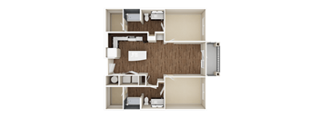 A top-down view of a house layout with a kitchen, living room, and bathroom.