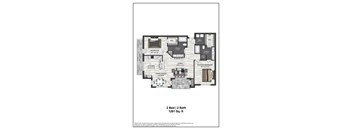 A floor plan of a 2 bedroom, 2 bathroom apartment sized at 1261 square feet.