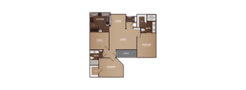 A floor plan of a house with a kitchen, dining room, living room, two bedrooms, a study, a bathroom, and a patio.