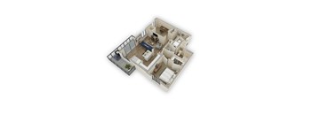 A 3D floor plan of a small apartment with a kitchen, living room, and bathroom.