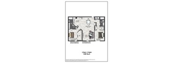 A floor plan of a 2 bedroom, 2 bath house.