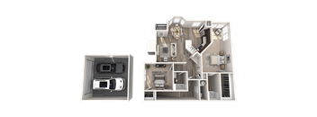 a 3d floor plan of a house and a rendering of a bedroom