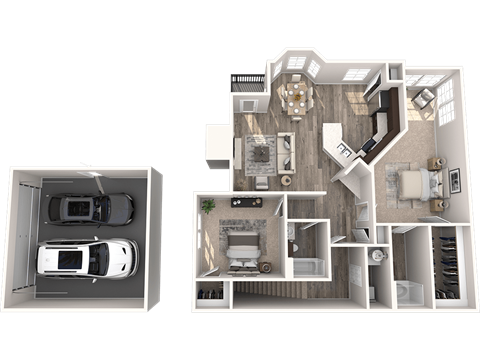 a 3d floor plan of a house and a rendering of a bedroom