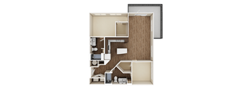 A 3D rendered image of a house layout.