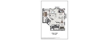 A floor plan of a 2 bedroom, 2 bath apartment sized at 1747 square feet.