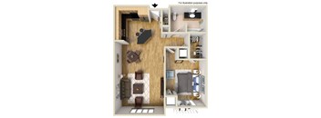 a 3d drawing of a bedroom with a living room and a dining room
