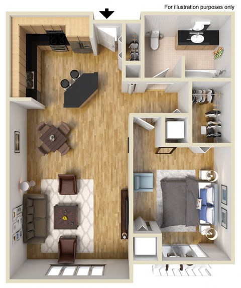 a 3d drawing of a bedroom with a living room and a dining room