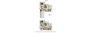 A diagram of an apartment layout with two bedrooms and a bathroom.