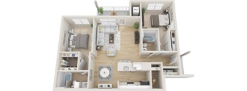 A 3D floor plan of a house with a living room, kitchen, and two bedrooms.