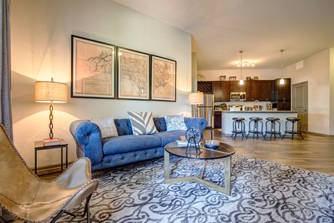 A living room with a blue couch and a patterned rug.