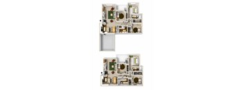 A floor plan of a two-story residential building with a kitchen, living room, bedrooms, and bathrooms.