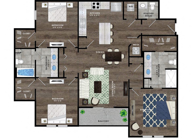 Floorplan-One Bedroom C1-One bedroom with southern exposure, 11' ceilings, and patio