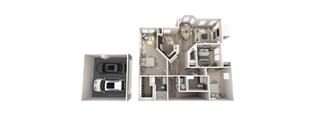 a 3d floor plan of a bedroom and a kitchen