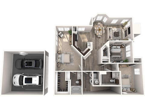 a 3d floor plan of a bedroom and a kitchen