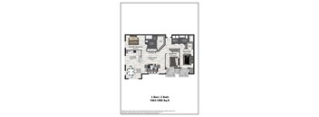 A floor plan of a 3 Bed 2 Bath apartment.