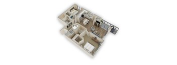 A 3D floor plan of a house with multiple rooms and furniture.