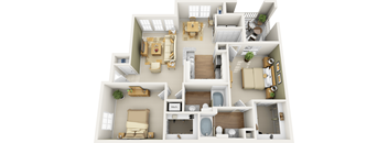 A 3D floor plan of a house with labeled rooms.