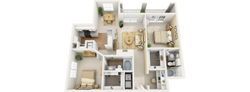 A 3D floor plan of a two-bedroom apartment with a living room, kitchen, and bathroom.