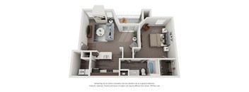 A 3D floor plan of a house with a kitchen, living room, and bathroom at Canyon Ridge, Austin, TX