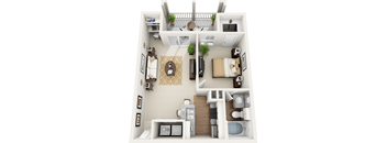 A top-down view of a small apartment with a kitchen, living room, and bathroom.