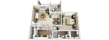 A 3D floor plan of a house with a kitchen, living room, and bathroom.