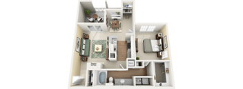 A 3D floor plan of a two-story apartment with a living room, kitchen, dining room, and bedrooms.