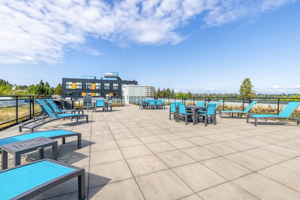 Apartments in Green Lake Seattle WA for Rent - Circa Green Lake - Expansive Grill Patio with BBQs, Lounge Chairs, and Dining Areas.