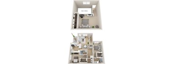 A 3D floor plan of a small apartment with a living room, kitchen, and bedroom.