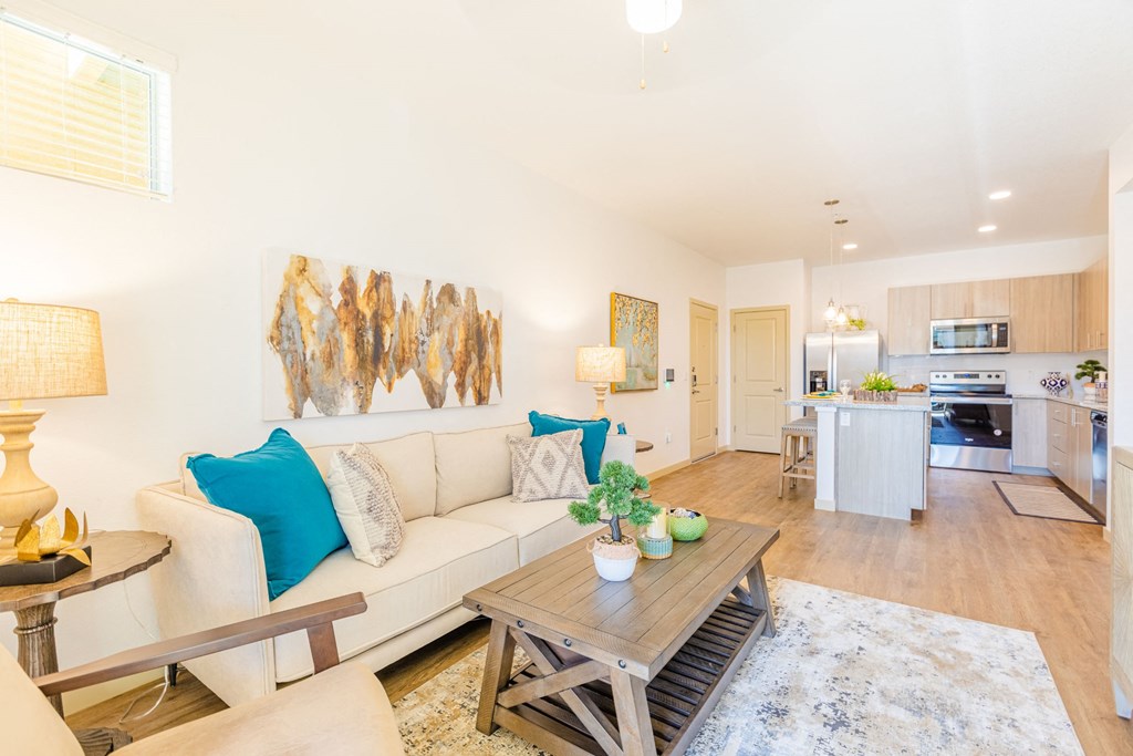 a living room with a couch and a table