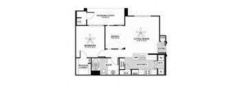 A floor plan of a home with a living room, dining room, kitchen, and bathroom.