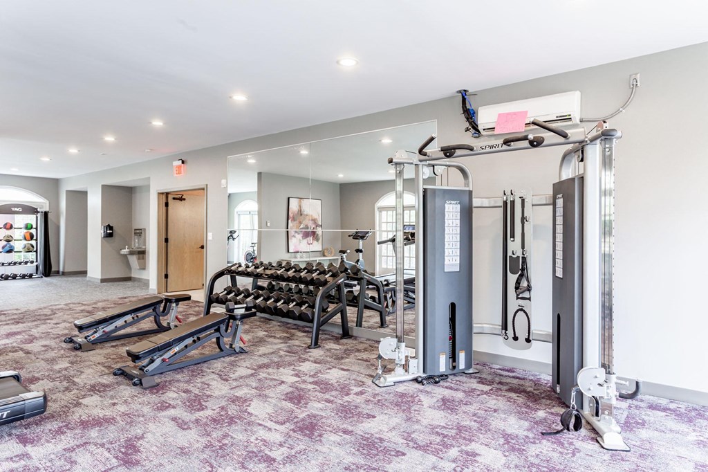 a spacious fitness room with treadmills and weights