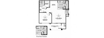 A black and white diagram of a house layout with a living room, dining room, kitchen, and bathroom.