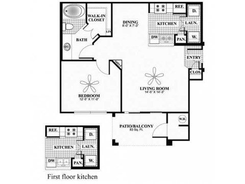 A black and white diagram of a house layout with a living room, dining room, kitchen, and bathroom.
