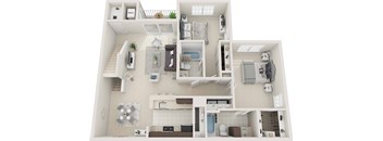 A 3D floor plan of a house with a kitchen, living room, and bathroom.