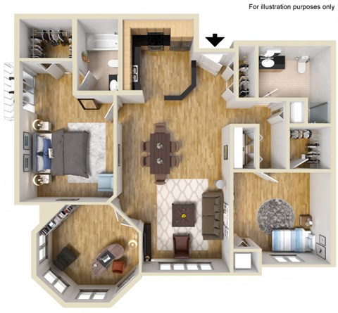 a 3d drawing of a floor plan with a bedroom and a living room
