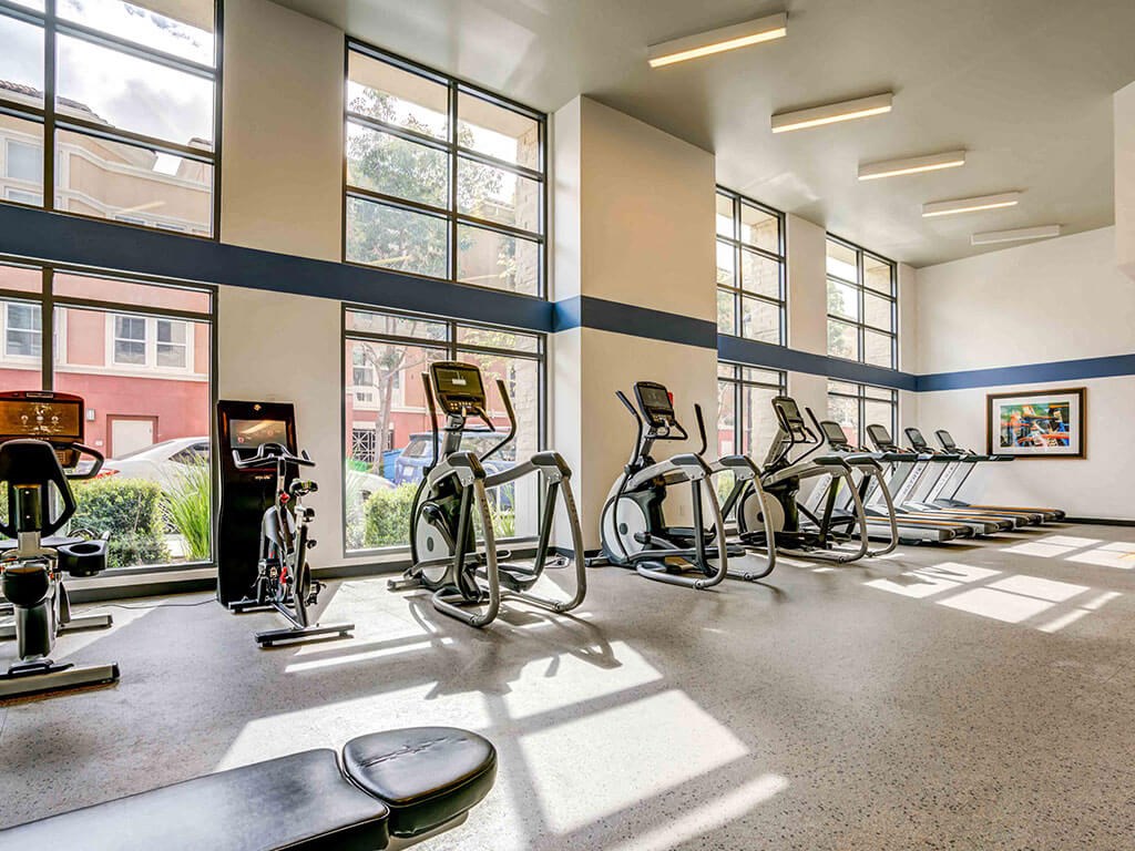 Redwood City CA Apartments - Franklin 299 - Fully Equipped Gym with Cardio Equipment, Large Windows, and More