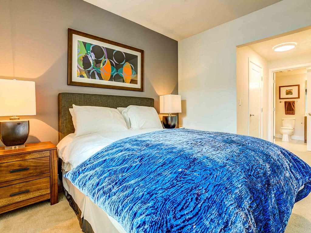 Apartments for Rent in Redwood City CA - Franklin 299 - Large Bedroom with En Suite Bathroom, Queen Bed with Blue Bedding, End Tables and Art